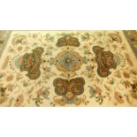 Semi Antique French Aubusson Rug. Multi color with floral and bird motif. Some staining and