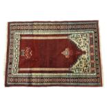 Semi-Antique Turkish Prayer Rug. Some discoloration, wear to fringes and edges, dirty. Measures