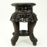 19/20th Century Chinese Carved Wood Plant Stand with Marble Top. Decorated with pierced apron of