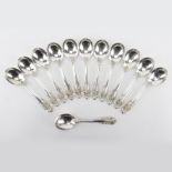 Set of Twelve (12) Wallace "Grand Baroque" Sterling Silver Round Bowl Soup Spoons. Circa 1941.