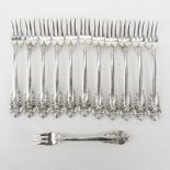Set of Twelve (12) Wallace "Grand Baroque" Sterling Silver Cocktail/Seafood Forks. Circa 1941.