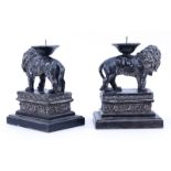 Pair of Renaissance Style Composition Lion Candlesticks. Rubbing, minor nicks otherwise good