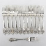 Set of Twelve (12) Wallace "Grand Baroque" Sterling Silver Forks. Circa 1941. Stamped