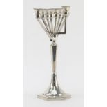 Modern Sterling Silver Menorah. Engraved on base. Signed 925 and makers mark. Measures 12" H x 11-