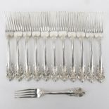 Set of Twelve (12) Wallace "Grand Baroque" Sterling Silver Forks. Circa 1941. Stamped