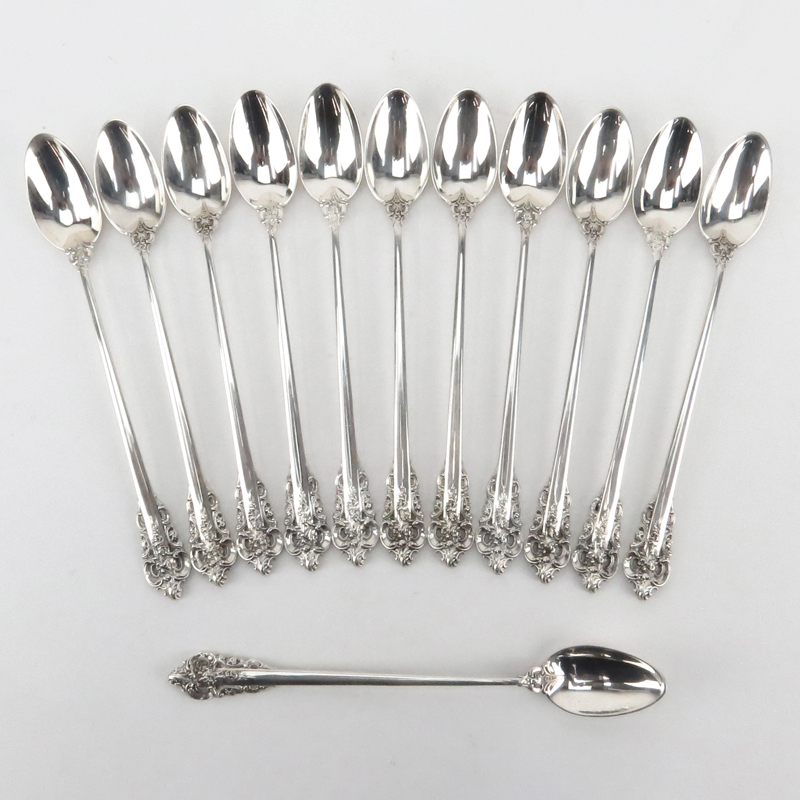 Set of Twelve (12) Wallace "Grand Baroque" Sterling Silver Ice Tea Spoons. Circa 1941. Stamped