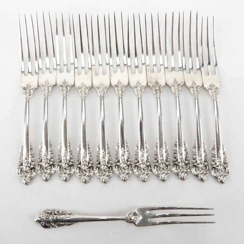 Set of Twelve (12) Wallace "Grand Baroque" Sterling Silver Strawberry Forks. Circa 1941. Stamped