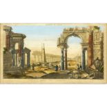 18th Century Ruines de Babilone-Middle Eastern Vues D'optique Color Engraving. Toning and foxing