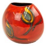 Mid Century Poole Pottery Vase. Floral motif on red-orange ground. Signed Poole Pottery England.
