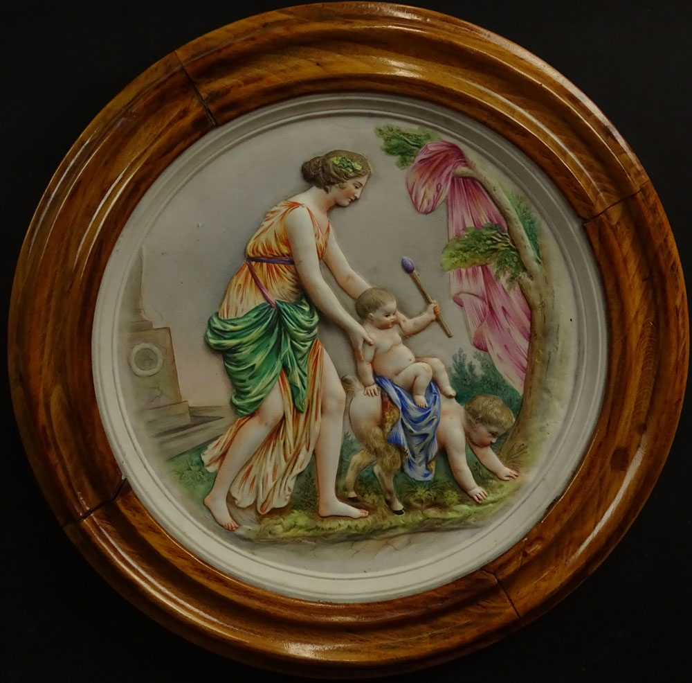 Vintage Hand Decorated Bisque Relief Plaque "Mythological Scene With Infant Satyr and Putto"