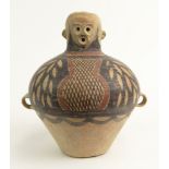 Antique Pottery Vessel with Red and Black Decoration, Loop Handles and Stylized Head to Neck.
