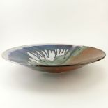 Large Huntley Drip Glaze Pottery Centerpiece Bowl. Signed and dated 1993 on underside. Good