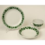 Three (3) Piece Lot Antique Meissen Green Vine Cup, Saucer and Cake Plate Set. Signed on Bottom with