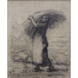 Jean François Millet, French (1814-1875) Lithograph "Woman Carrying Wheat". Initialed in print.