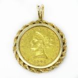 1901 US $10 Coronet Head Gold Coin in 14 Karat Yellow Gold Pendant. Please note the gallery does not