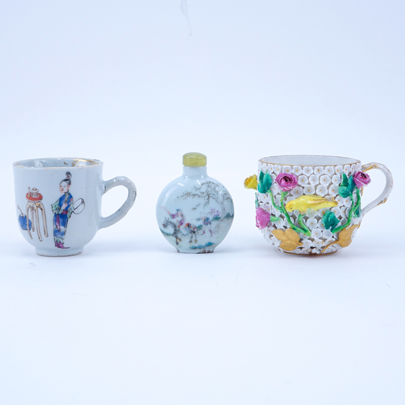 Three Piece Porcelain Lot. Includes: Meissen cup, signed, wear and losses, measures 2-3/8";