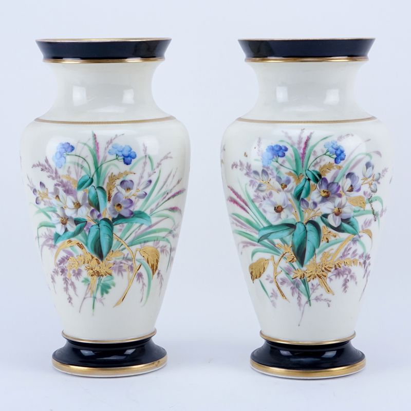 Pair of Vintage Old Paris Handpainted Porcelain Vases. Unsigned. One with hairline crack, light