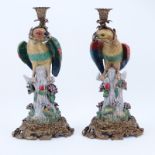 Pair of Modern Meissen Style Bronze Mounted Porcelain Bird Candleholders. Unsigned. Good