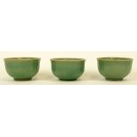 Lot of 3 20th C Korean Celadon Tea Cups. Crackle glaze. Unsigned. Good condition. Measures 1-1/2" H.