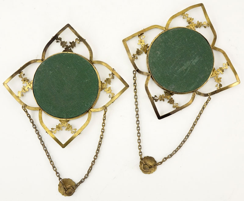Pair of Antique French Gilt Bronze and Enamel Hanging Frames. Decorated with garland motif and - Image 5 of 5