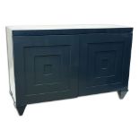 Contemporary Modern Lacquered Wood Serving Cabinet Console. Interior with felt lined drawers,