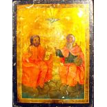 19/20th Century Eastern Orthodox Hand Painted Wooden Icon of Two (2) Saints. Some Greek Lettering