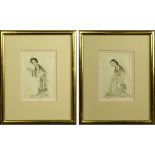 Pair of Vintage Japanese Watercolors on Silk. "Ladies". Unsigned. Foxing, toning from age.