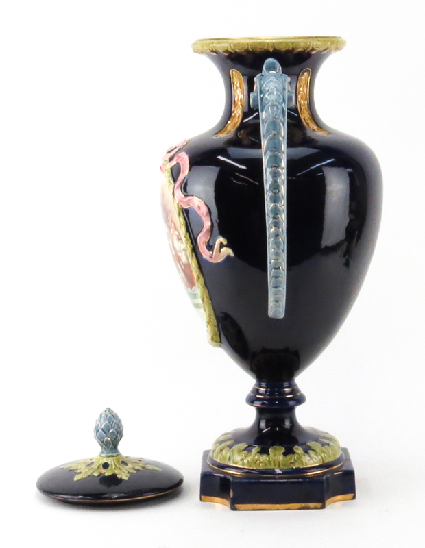 Antique Majolica Art Nouveau Style Cobalt Blue Pottery Covered Urn. Unsigned. Decorated with - Image 3 of 6