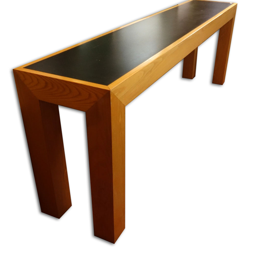 Contemporary Wood with Faux Leather Console Table. Unsigned. Good condition. Measures 28' H x 84" - Image 2 of 3