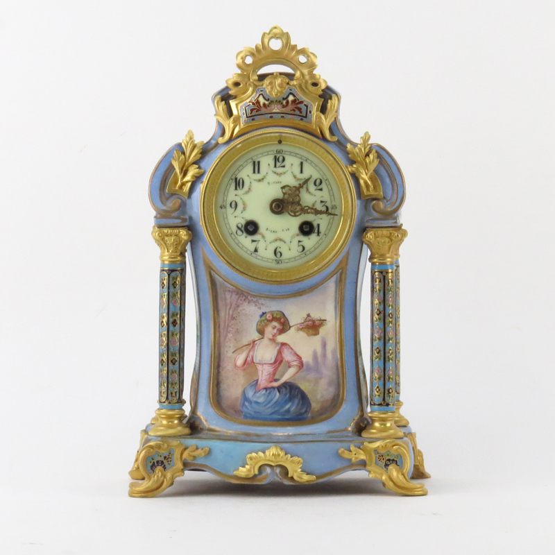 Antique Sevres Style Bronze Mounted, Cloisonné, Porcelain Mantel Clock. Decorated with gilt bronze