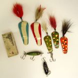 Lot of Nine (9) Vintage Fishing Lures. Includes, jitterbugs, spoon spinners. Some signed. Good