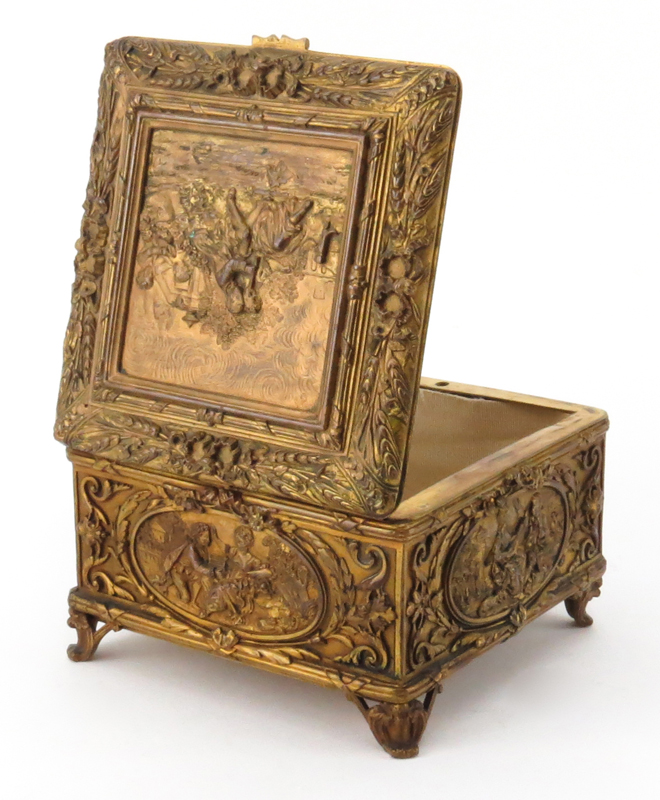 Circa 1916 Gilt Bronze Renaissance Revival style High Relief Box. Depicts fine framed courting scene - Image 3 of 8