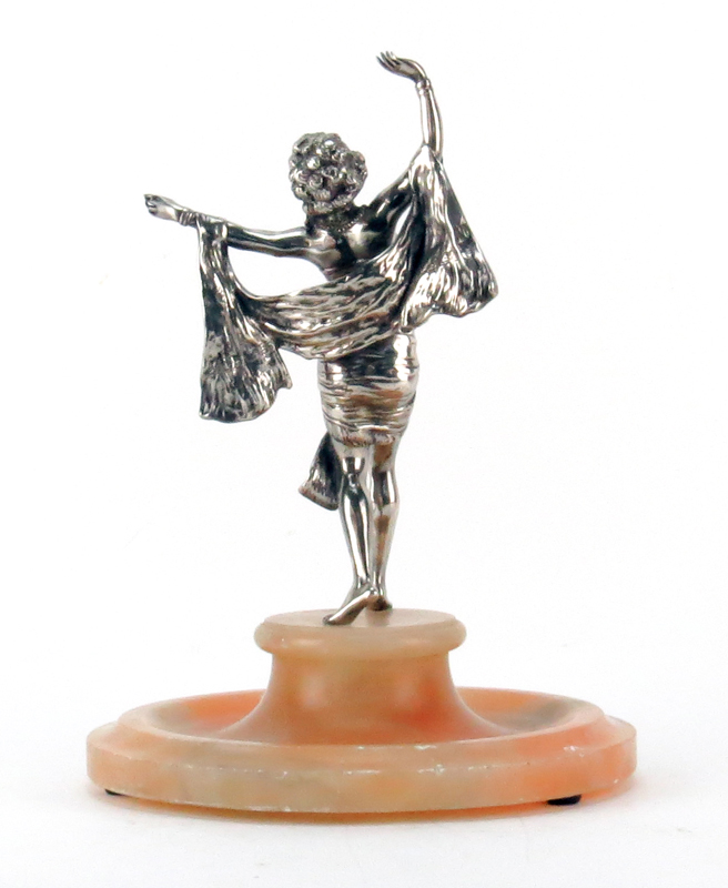 Paul Philippe Style Art Deco Silvered Bronze Dancer on Alabaster Base. Unsigned. Patina wear, few