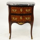 Early 20th Century Louis XV Style Parquetry Inlaid Marble Top Commode. Includes two drawers with