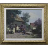 Hungarian School Oil on Canvas Painting "Villager Tending Clothes near Cottages" Signed Lower Right.