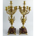 Pair of Late 19th Century French Gilt Bronze and Rouge Marble Five Light Candelabra. Unsigned. Small