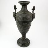 Antique Neoclassical Style Patinated White Metal Urn on Marble Base. Decorated with mock figural