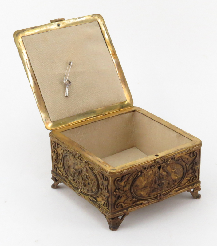 Circa 1916 Gilt Bronze Renaissance Revival style High Relief Box. Depicts fine framed courting scene - Image 2 of 8