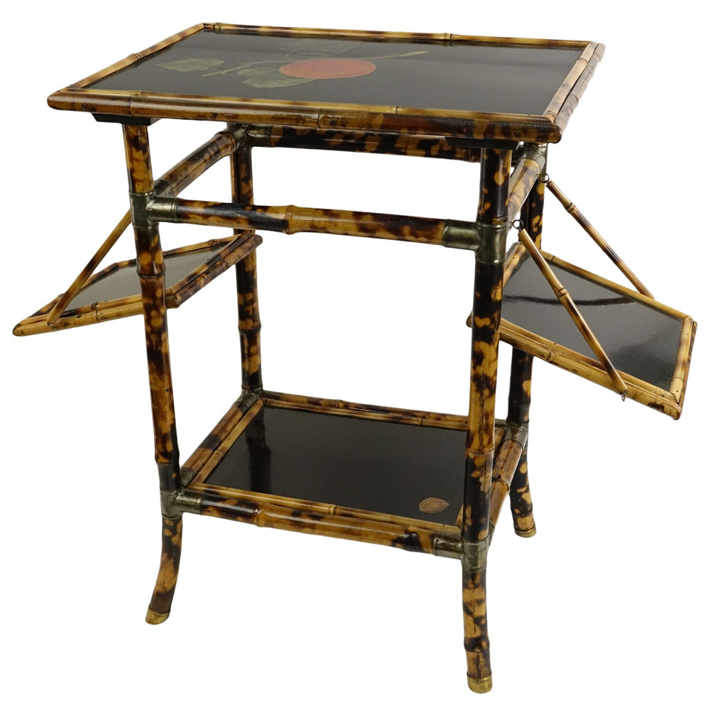 Vintage Lacquered Bamboo Small Table With 2 Fold Up Shelves. Decorated with Fruit Motif. Unsigned. - Image 2 of 3