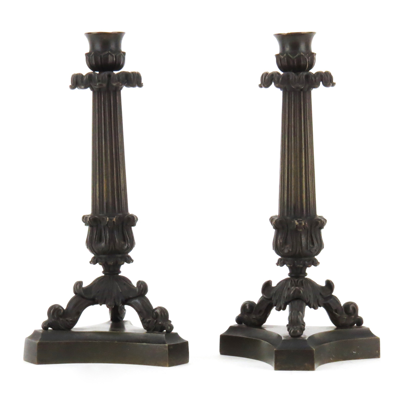 Pair of Neoclassical Charles X Style Patinated Bronze Candlesticks. Column style sticks accented