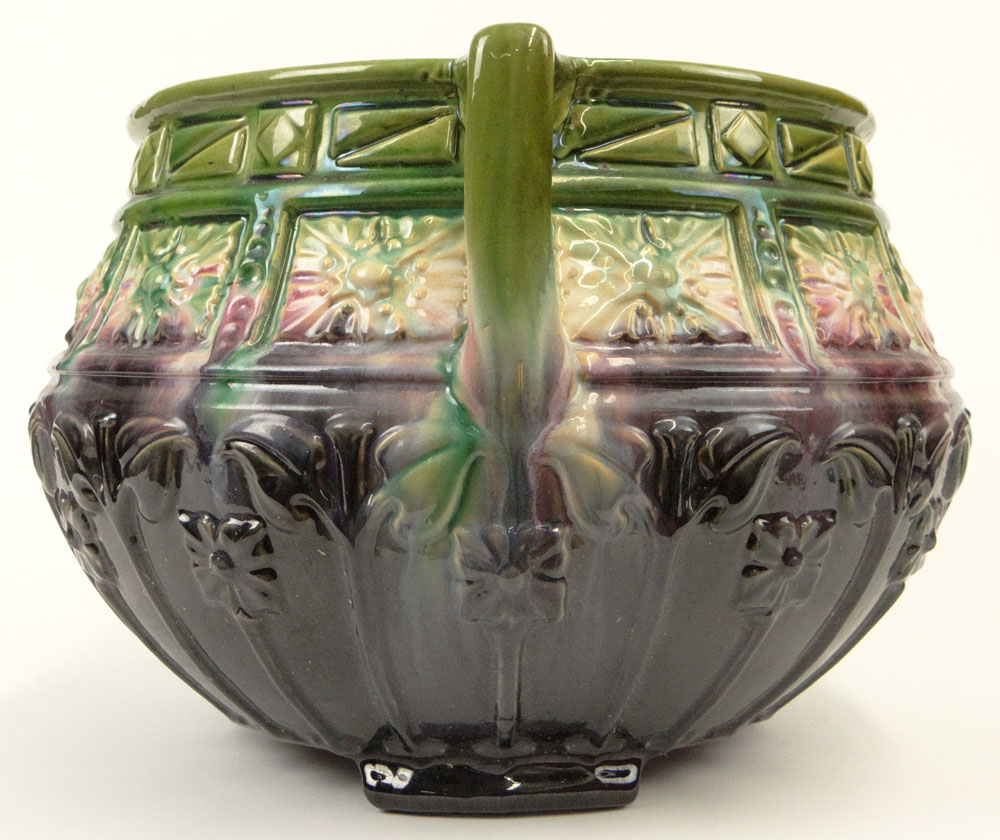 Circa 1900 Art Nouveau Majolica Jardinière. Unsigned. Minor Chips, Hairline Cracks and Glaze Crazing - Image 4 of 6