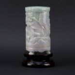 Antique Chinese Carved Light Green Jade Brush Pot on Wooden Base. Reindeer and landscape relief.