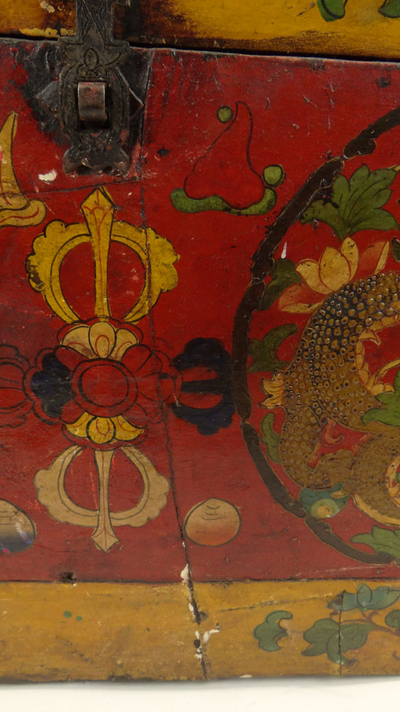 Antique Tibetan Trunk. Very Colorful. Unsigned. Some wear, rubbing and stains. Measures 16-1/2 - Image 6 of 9