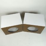 Pair of Mid Century Modern Lane Style Cube Laminate "Circle Cut Out" Side Tables. White laminate