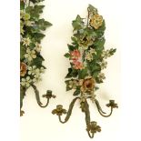 Pair of Vintage Italian Painted Toleware Floral Sconces. Unsigned. Losses, wear, surface