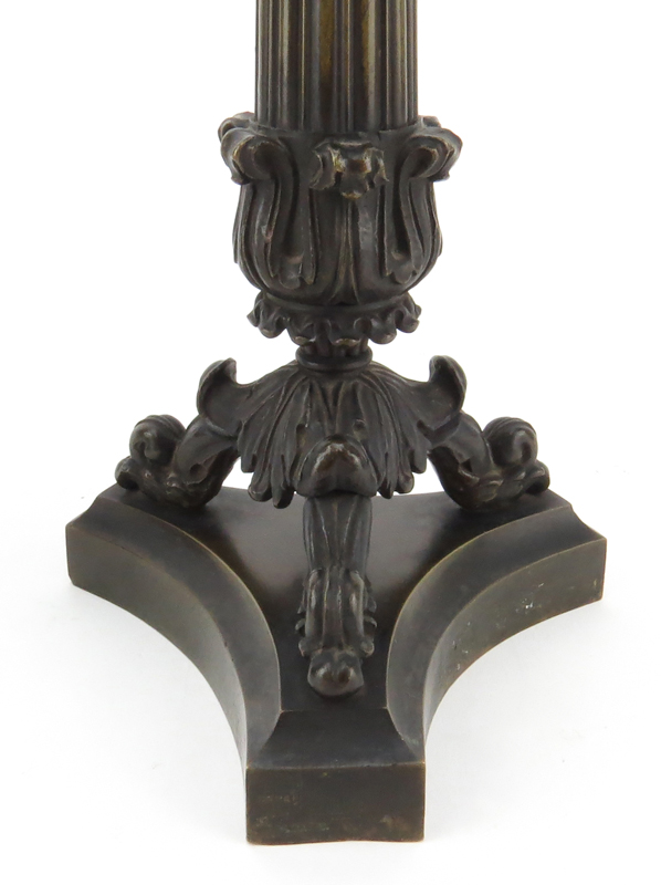 Pair of Neoclassical Charles X Style Patinated Bronze Candlesticks. Column style sticks accented - Image 4 of 4