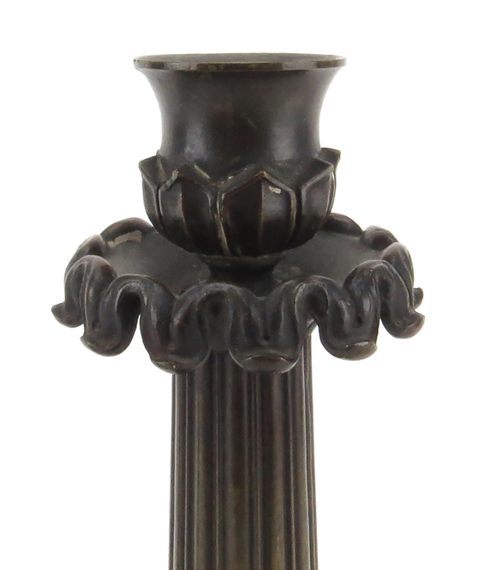 Pair of Neoclassical Charles X Style Patinated Bronze Candlesticks. Column style sticks accented - Image 3 of 4