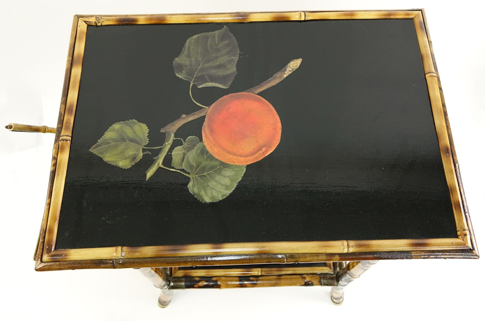 Vintage Lacquered Bamboo Small Table With 2 Fold Up Shelves. Decorated with Fruit Motif. Unsigned.