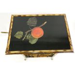 Vintage Lacquered Bamboo Small Table With 2 Fold Up Shelves. Decorated with Fruit Motif. Unsigned.