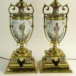 Pair of Early 20th C Japonism Brass Mounted Hand painted Faience Urns Now As lamps. Decorated by